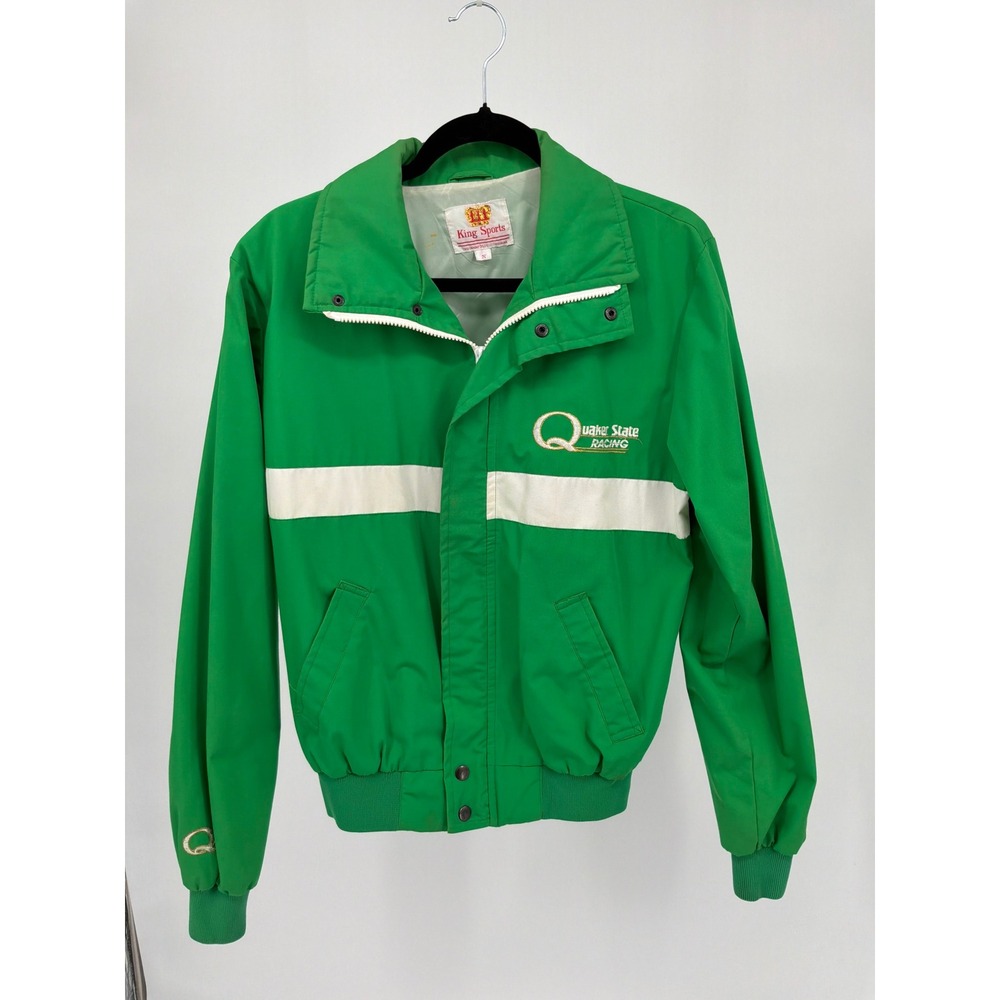 Vintage 80's King Sports Quaker State Racing Jacket Green White Stripe Small